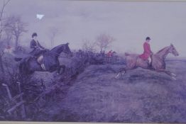 In the manner of Lionel Edwards, lithoprint of horses jumping a hedgerow, 81 x 45cm