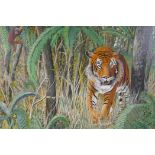 Stan Bathurst, tiger stalking through the undergrowth, oil on board, 75 x 63cm