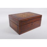 A Victorian inlaid burr walnut work box with parquetry decoration to the lid, 28 x 20cm, 13cm high