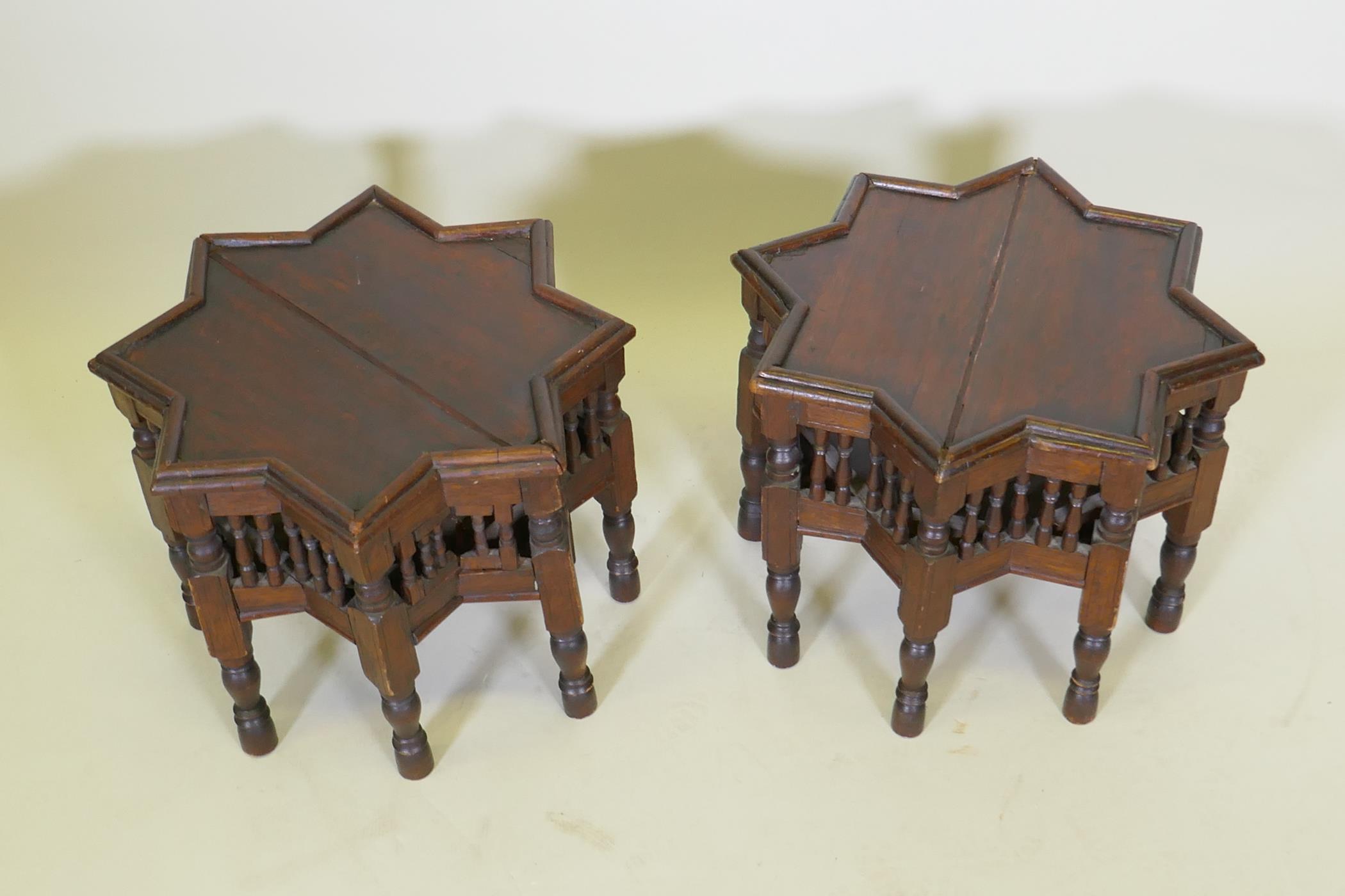 A pair of Moorish hardwood star shaped occasional tables with turned supports, 48cm diameter, 37cm - Image 2 of 4