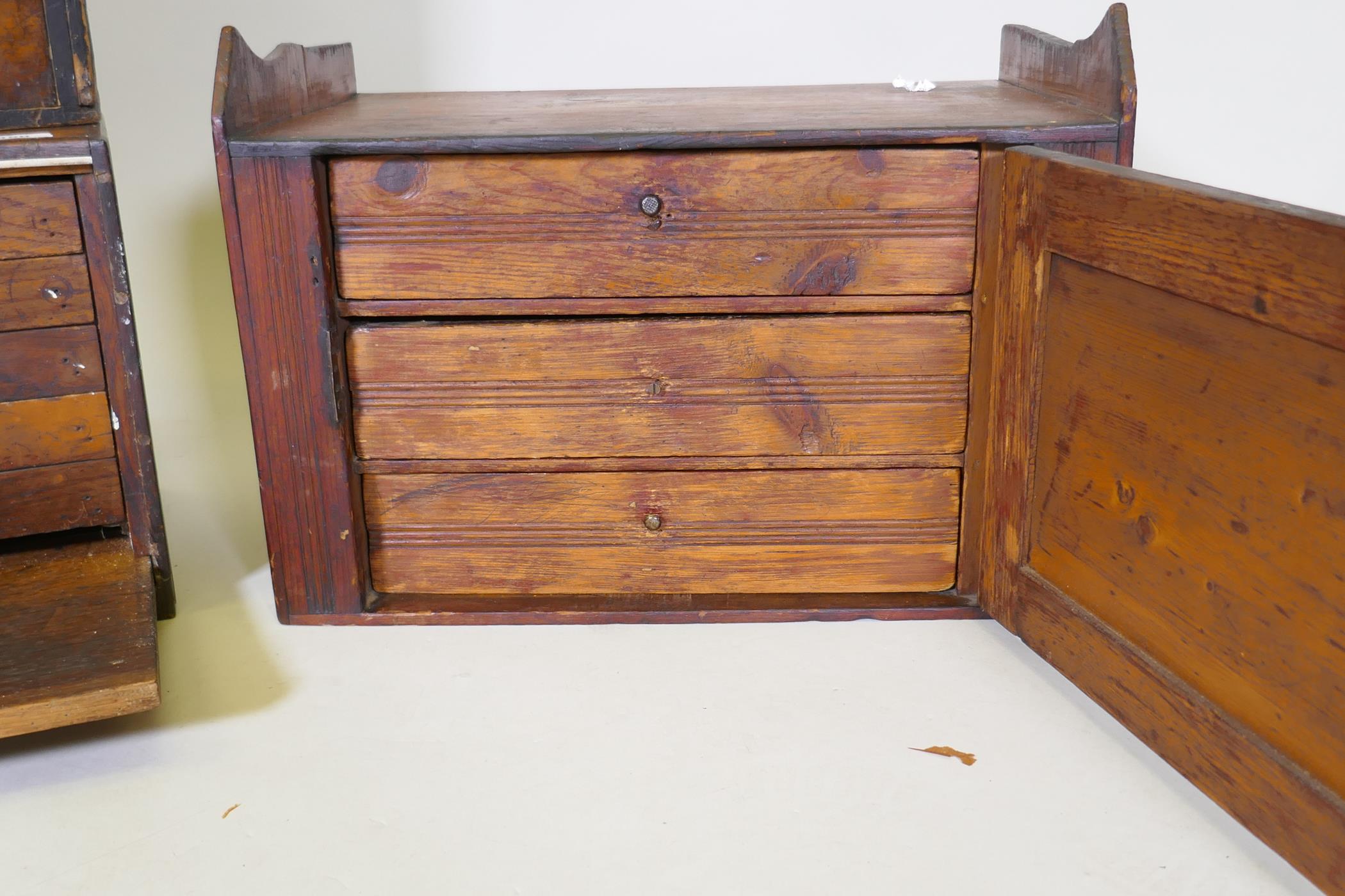 A late C19th pine cupboard with single door opening to reveal three drawers, 46 x 28 x 33cm, an - Image 2 of 6