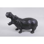 A cast bronze hippopotamus with gaping mouth, 34cm long