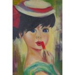A. Moore, 1967, portrait of a girl applying lipstick, oil on board, 46 x 50cm