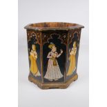 An Indian octagonal wood planter with hand painted figural decoration to each panel, 31cm high
