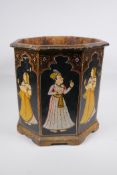 An Indian octagonal wood planter with hand painted figural decoration to each panel, 31cm high