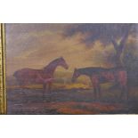 Two bay hunters in a landscape, unsigned oil on canvas, in a gilt frame bearing label Peter Watts