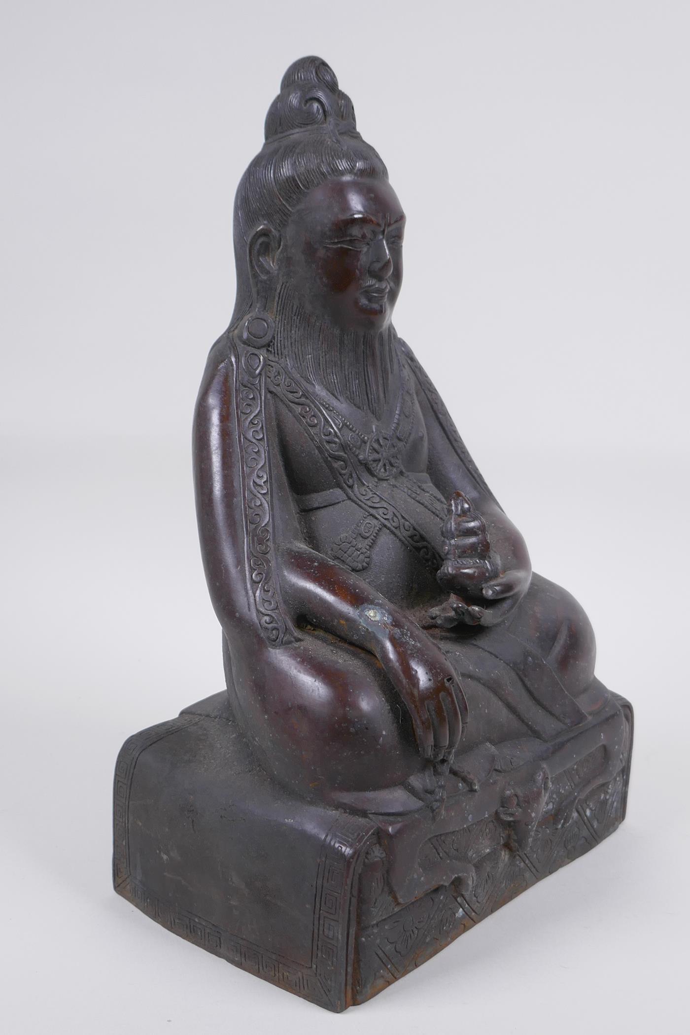 A Sino Tibetan bronze figure of a bearded deity seated in meditation, 29cm high - Image 3 of 6