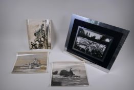Four British Admiralty photographs relating to the Falklands and WWII, 1 framed