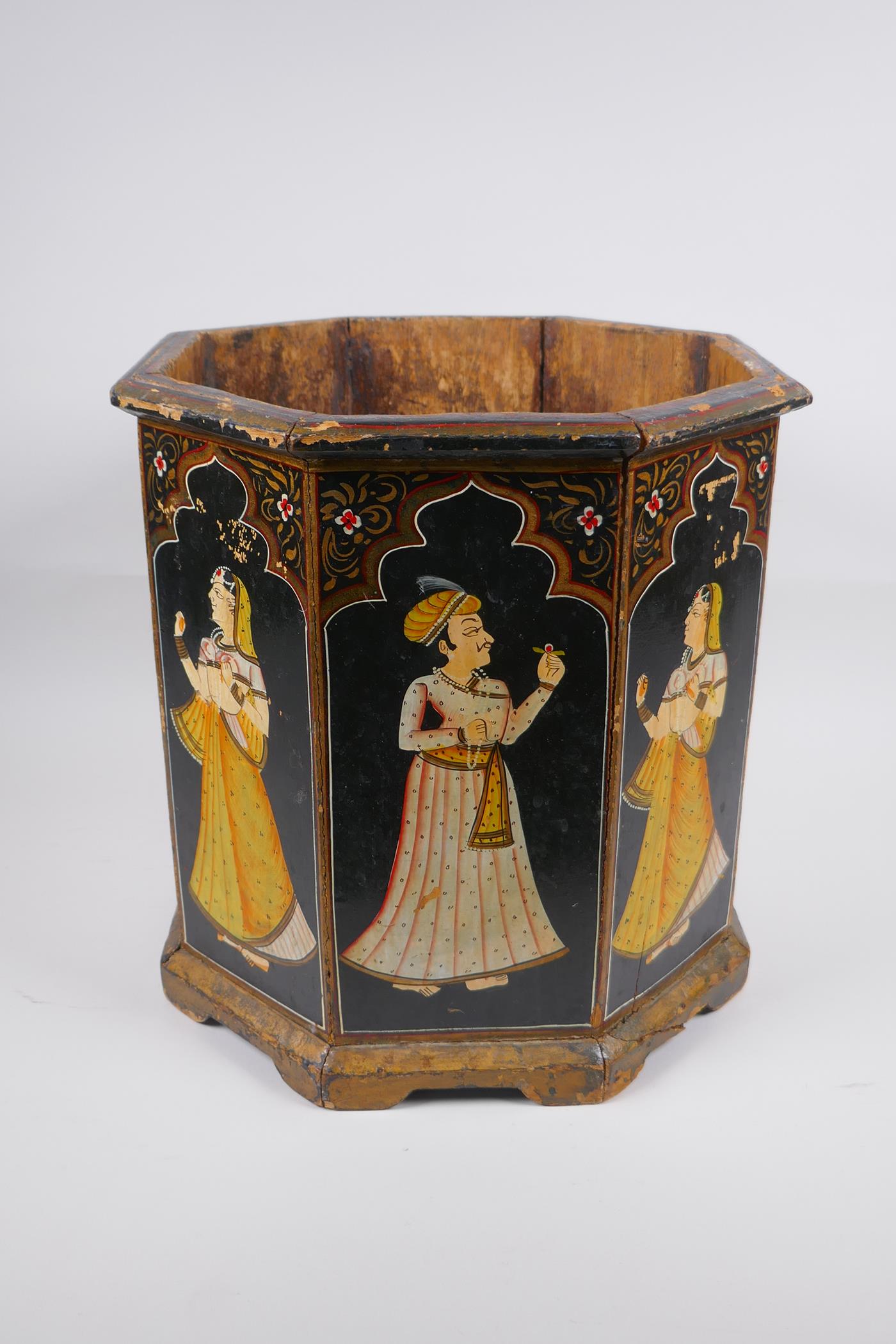 An Indian octagonal wood planter with hand painted figural decoration to each panel, 31cm high - Image 2 of 5