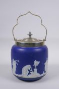 A late C19th/early C20th Wedgwood Jasperware and silver plated biscuit barrel, 17cm high, 14cm