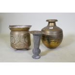 A brass jar, brass bucket and Indian copper vase with repousse decoration, vase 26cm high