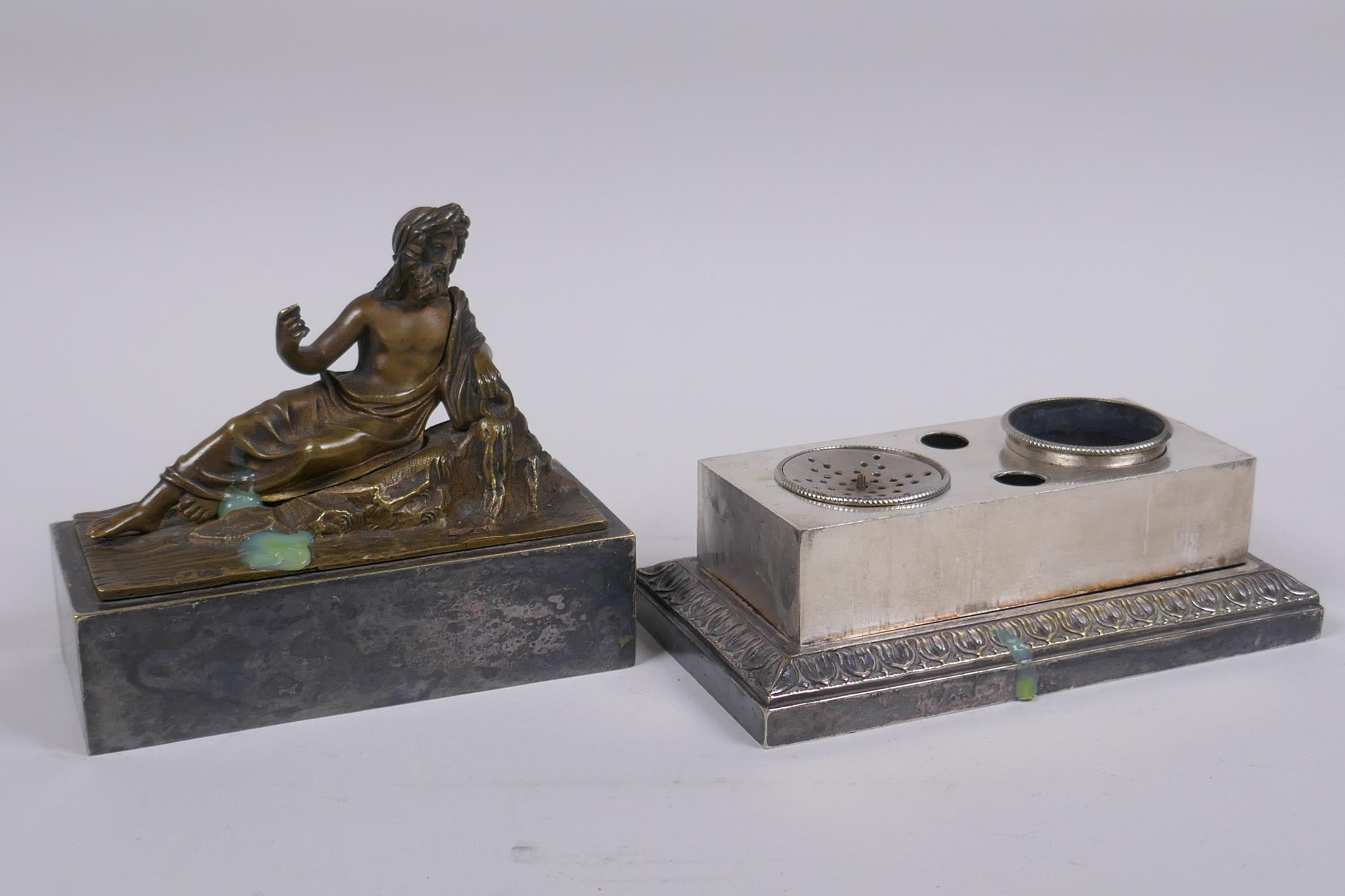 A Grand Tour silver plated ink well with bronze mount in the form of a reclining Greco-Roman figure, - Image 2 of 3