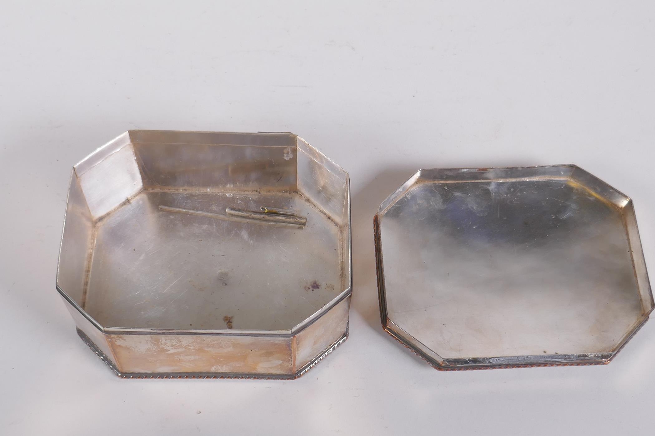 An antique continental silver plate box, impressed dogs head mark to base, 16 x 13cm - Image 5 of 5