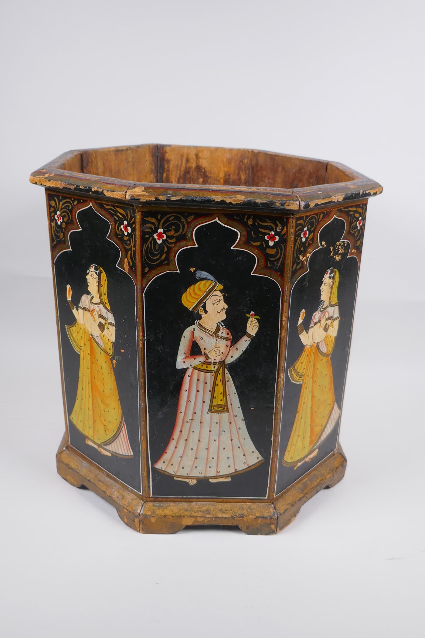An Indian octagonal wood planter with hand painted figural decoration to each panel, 31cm high - Image 3 of 5