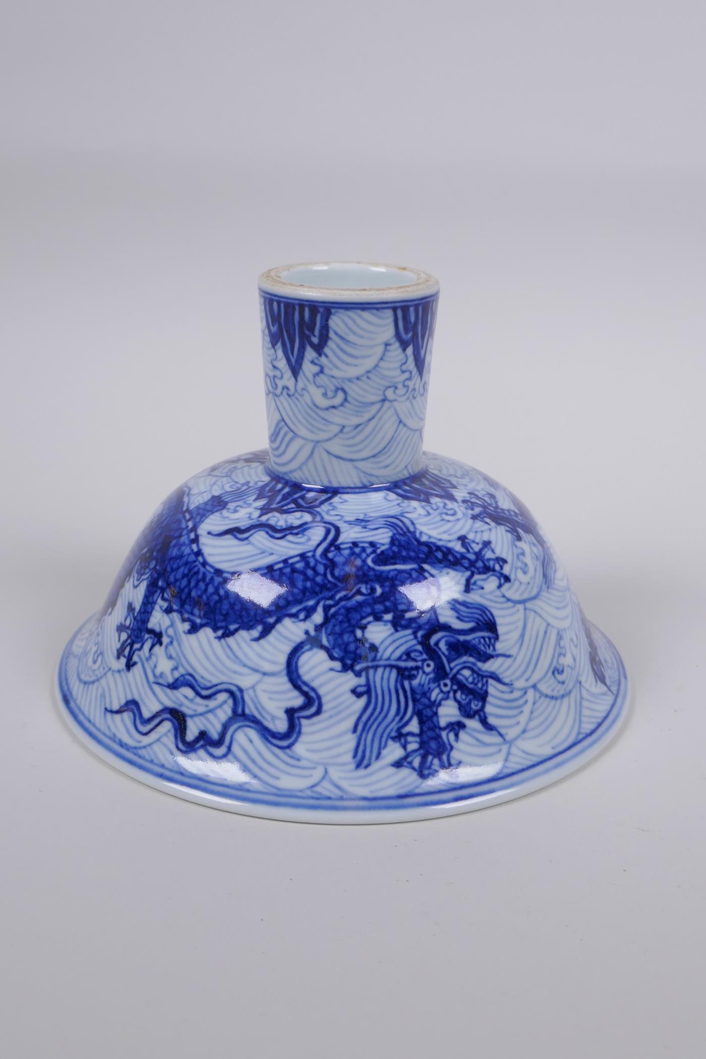 A blue and white porcelain stem bowl with dragon decoration, Chinese Xuande 6 character mark to - Image 4 of 7