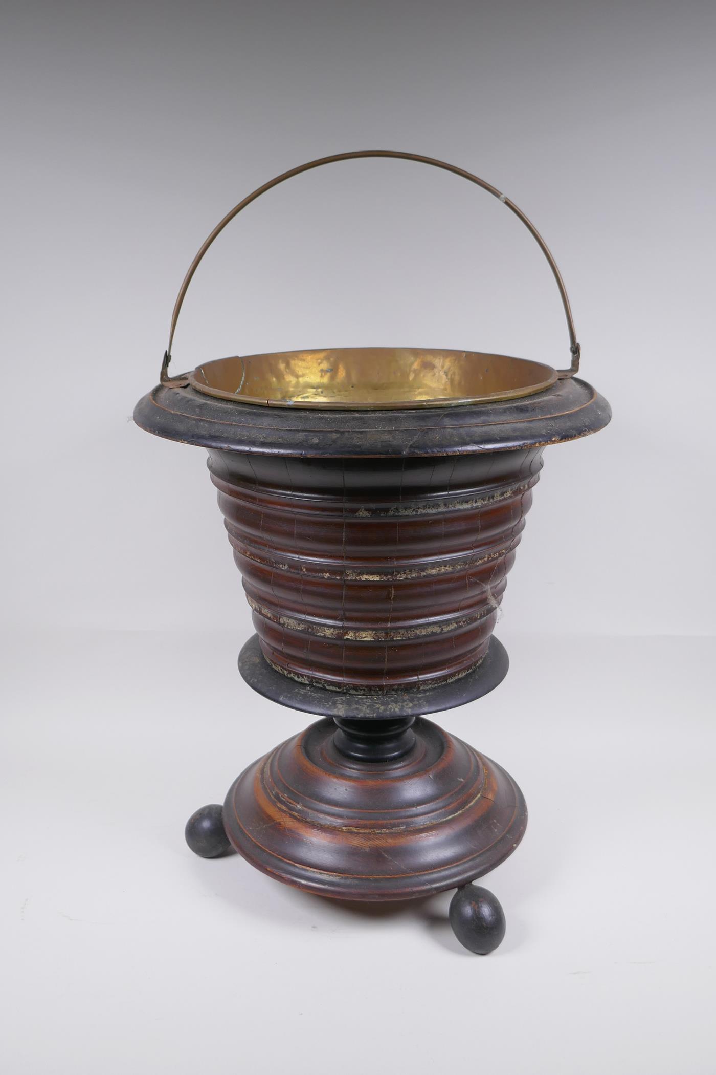 A Dutch coopered wood and brass lined peat bucket/champagne cooler, raised on ball feet, 42cm - Image 3 of 5