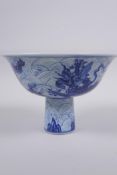 A blue and white porcelain stem bowl with dragon decoration, Chinese Xuande 6 character mark to