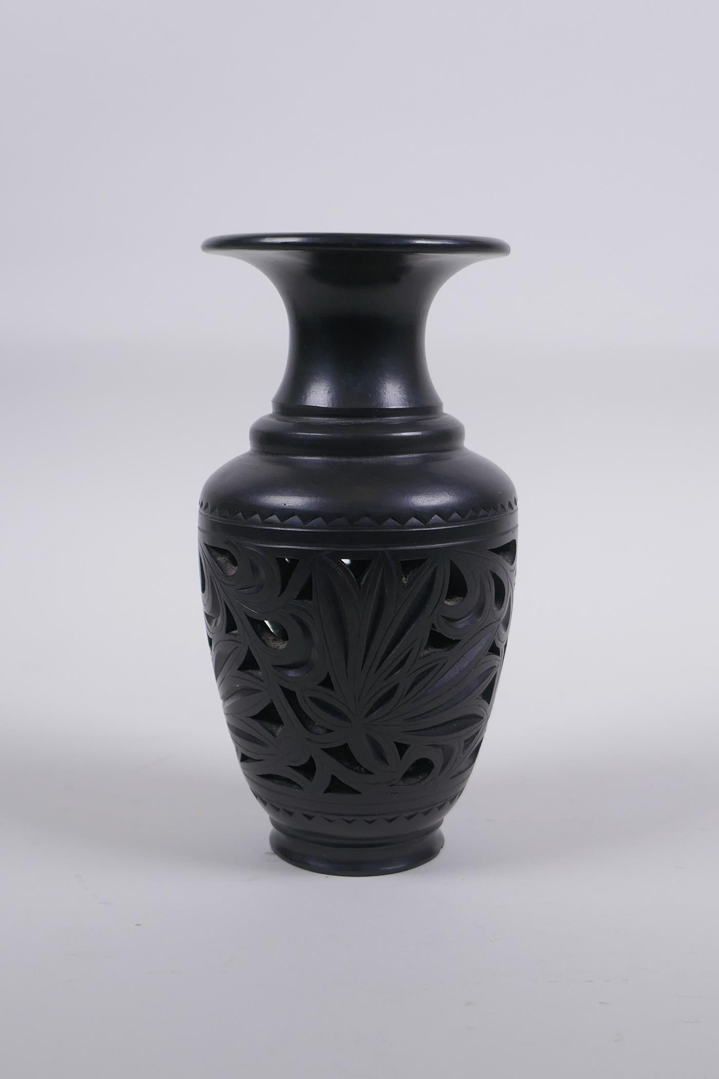 A Chinese black ground YiXing reticulated vase, impressed marks to base, 15cm high - Image 2 of 9
