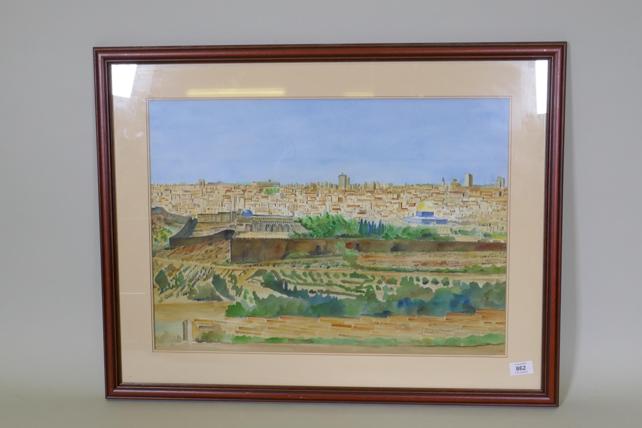 Jerusalem from the Mount of Olives, signed indistinctly, watercolour, 59 x 41cm - Image 3 of 3