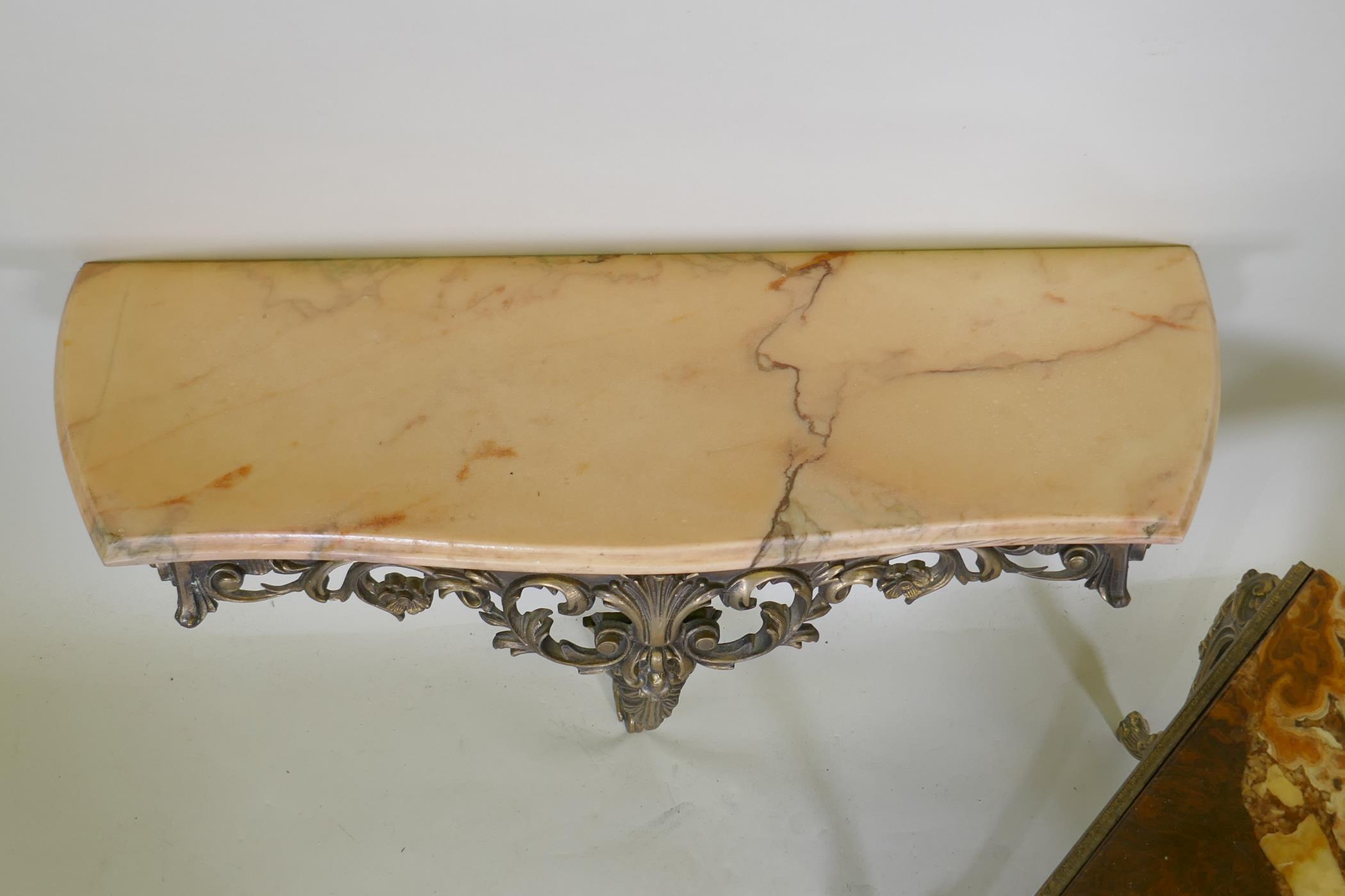 A mid century brass console table with marble top, 74 x 26 x 54cm, and an onyx top occasional - Image 4 of 4