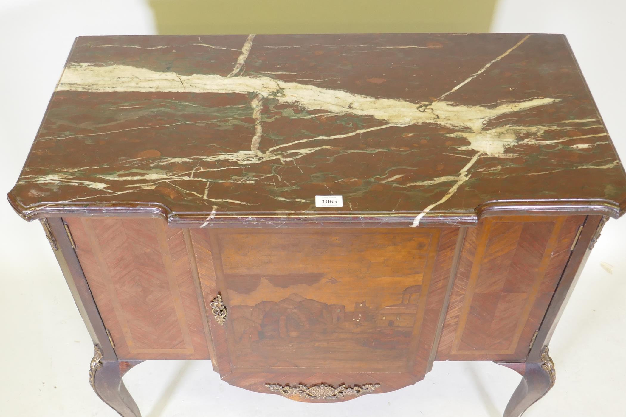 A late C18th/early C19th French breakfront tulipwood side cabinet with brass mounts, marquetry - Image 3 of 4