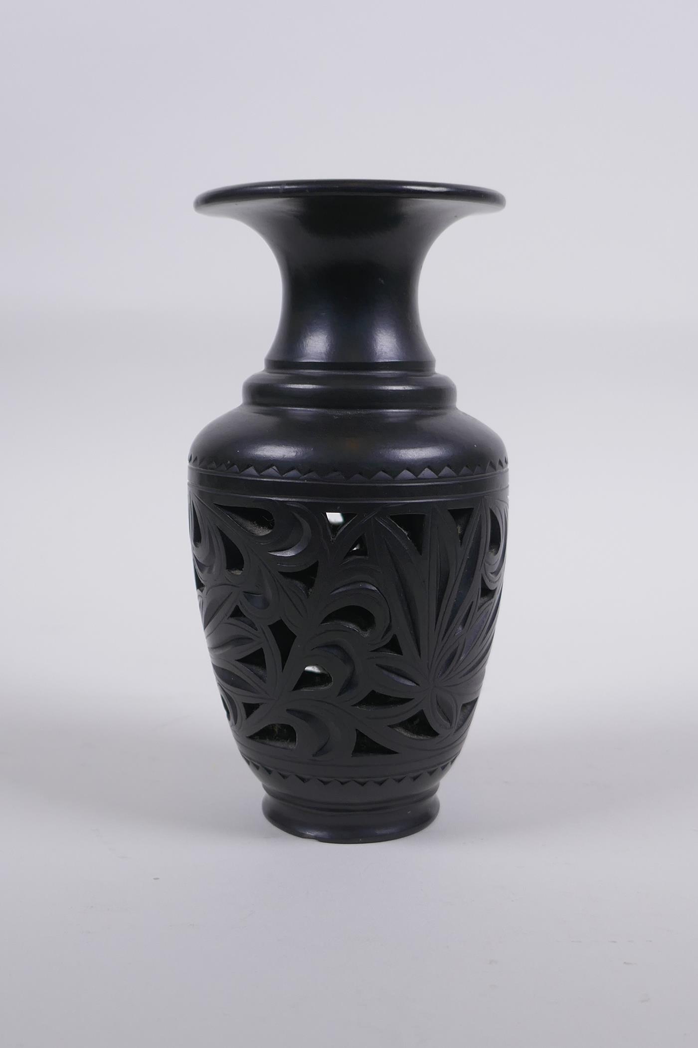 A Chinese black ground YiXing reticulated vase, impressed marks to base, 15cm high - Image 3 of 9