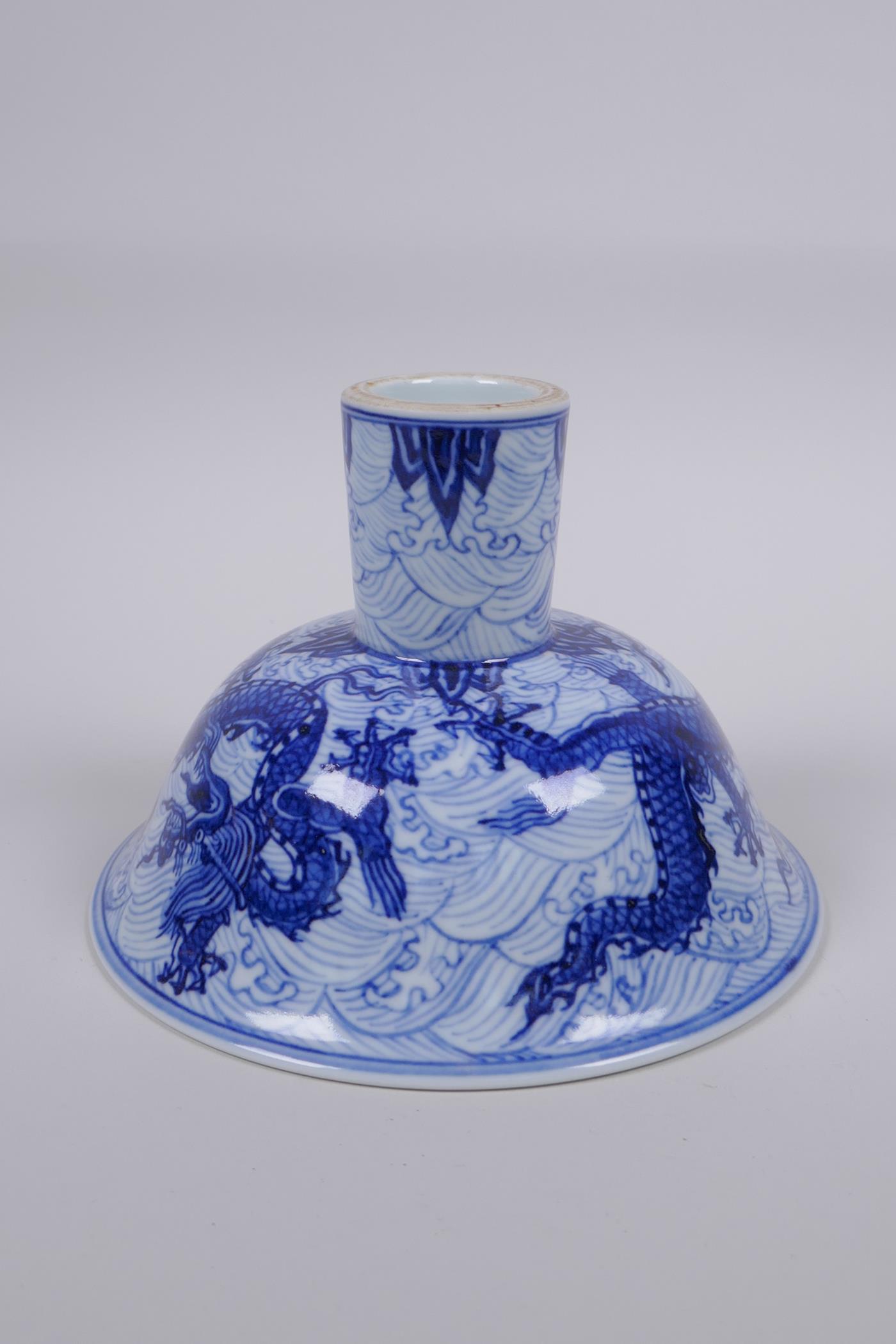 A blue and white porcelain stem bowl with dragon decoration, Chinese Xuande 6 character mark to - Image 5 of 7