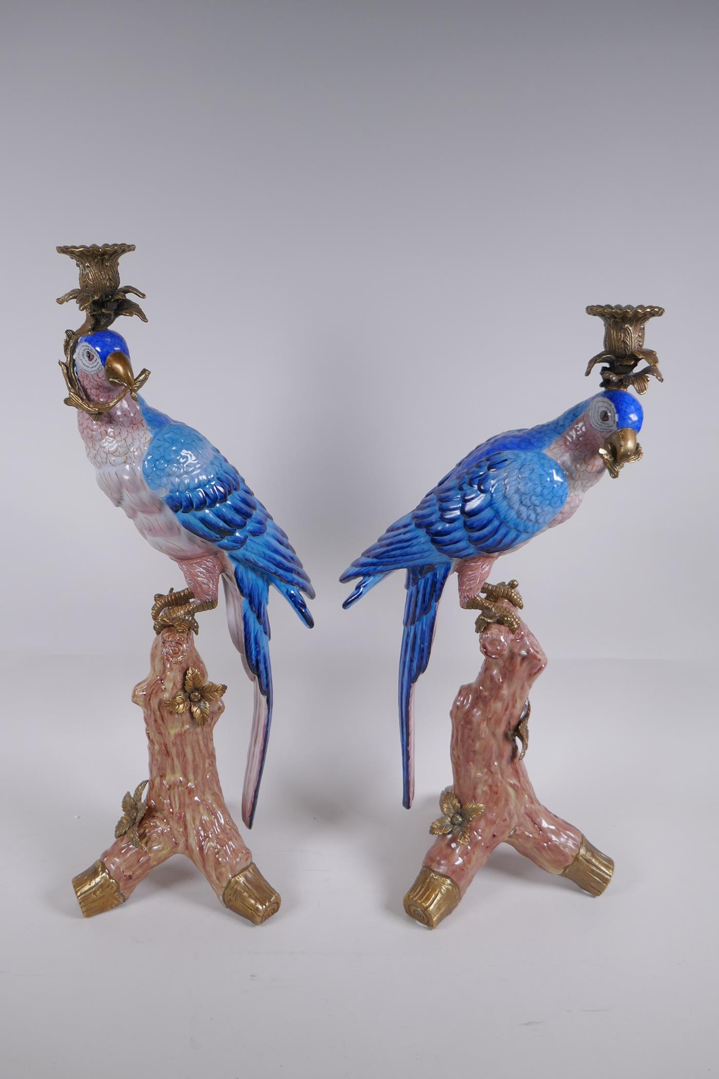 A pair of polychrome porcelain and gilt metal mounted parrot candlesticks, 52cm high - Image 2 of 4