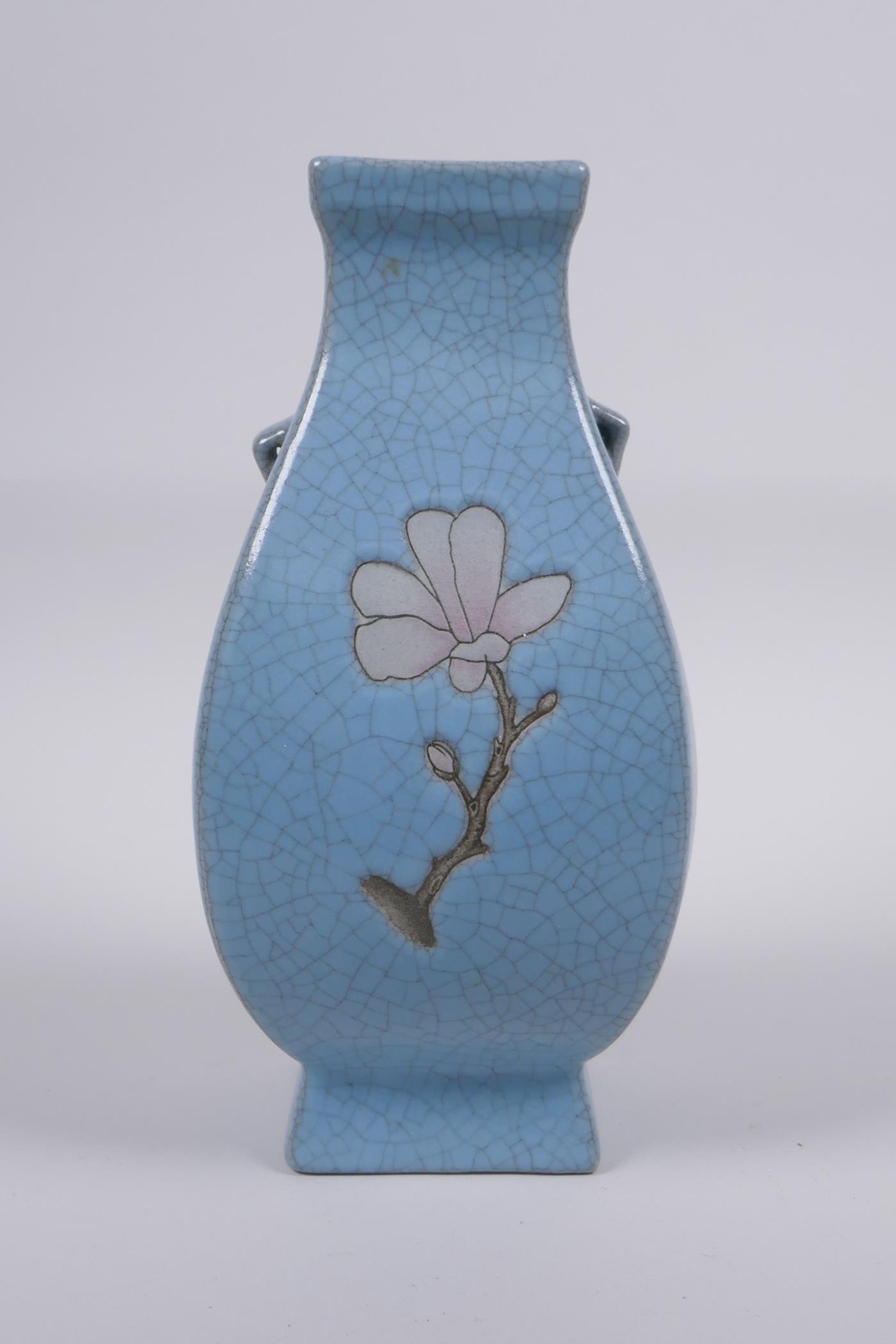 A Chinese celadon crackle glazed porcelain vase with two handles and floral decoration, 21cm high - Image 2 of 4