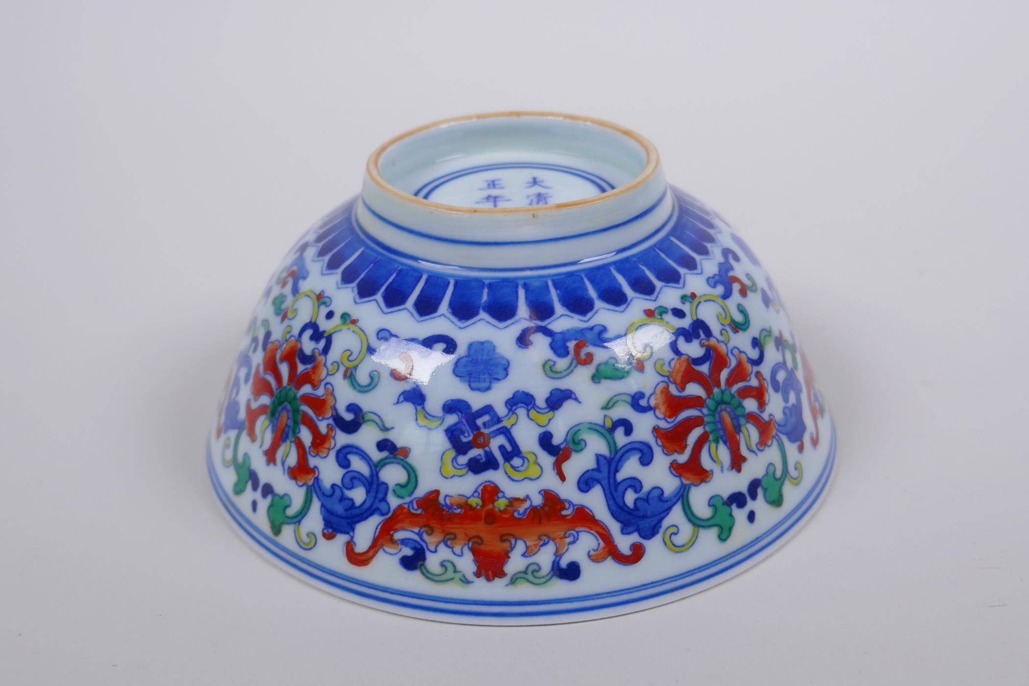 A Chinese wucai porcelain rice bowl decorated with bats and lotus flowers, YongZheng 6 character - Image 5 of 7