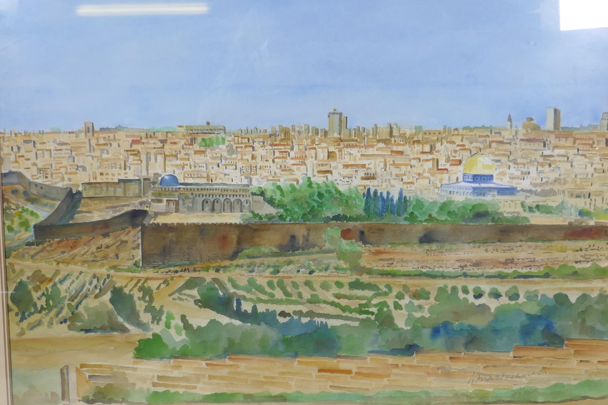 Jerusalem from the Mount of Olives, signed indistinctly, watercolour, 59 x 41cm