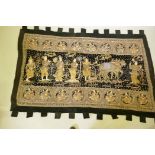 An oriental stumpwork wall hanging depicting a procession with oxen and plough, 213 x 150cm