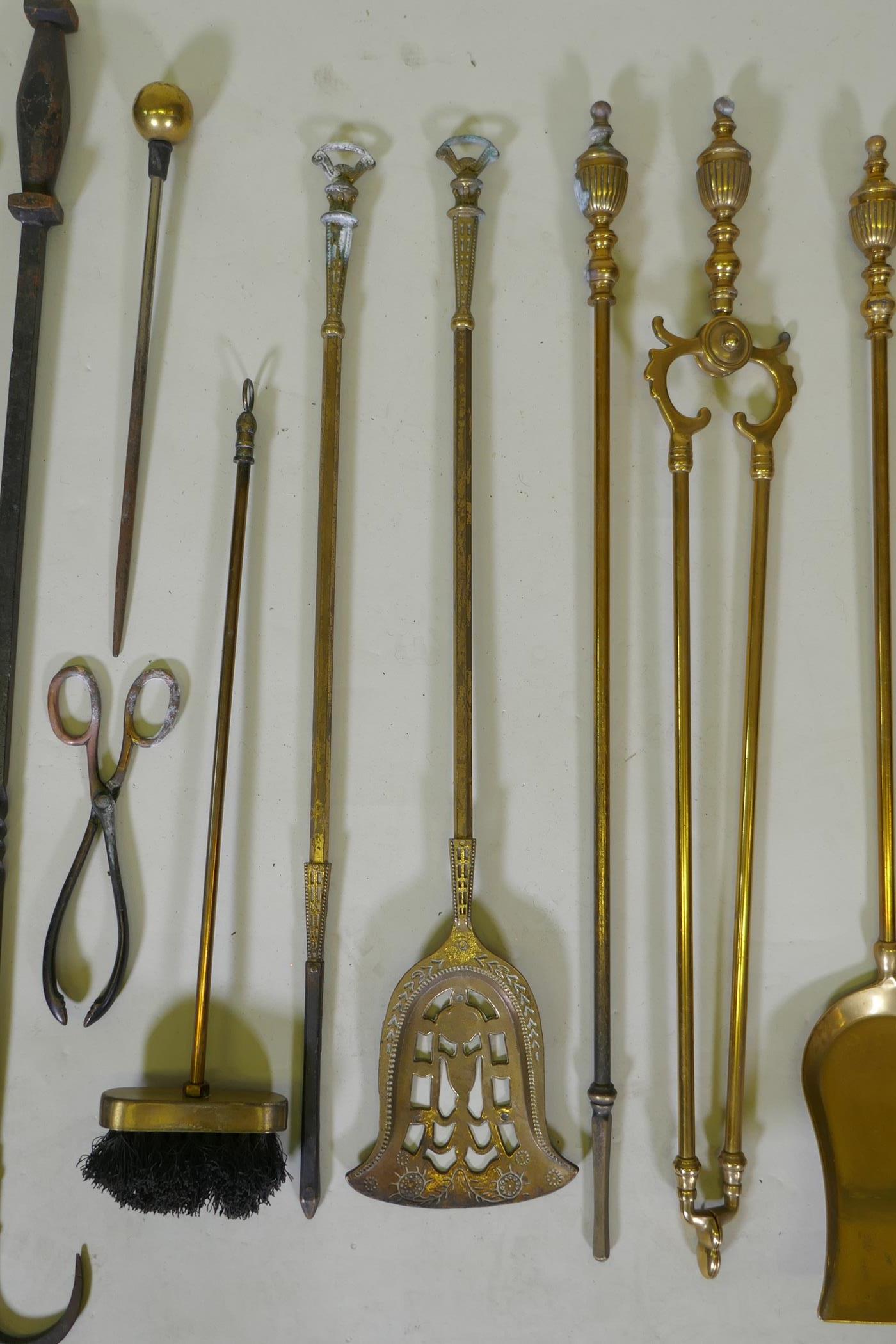 A set of three brass Empire style fire irons and a quantity of other fire irons including a - Image 3 of 4
