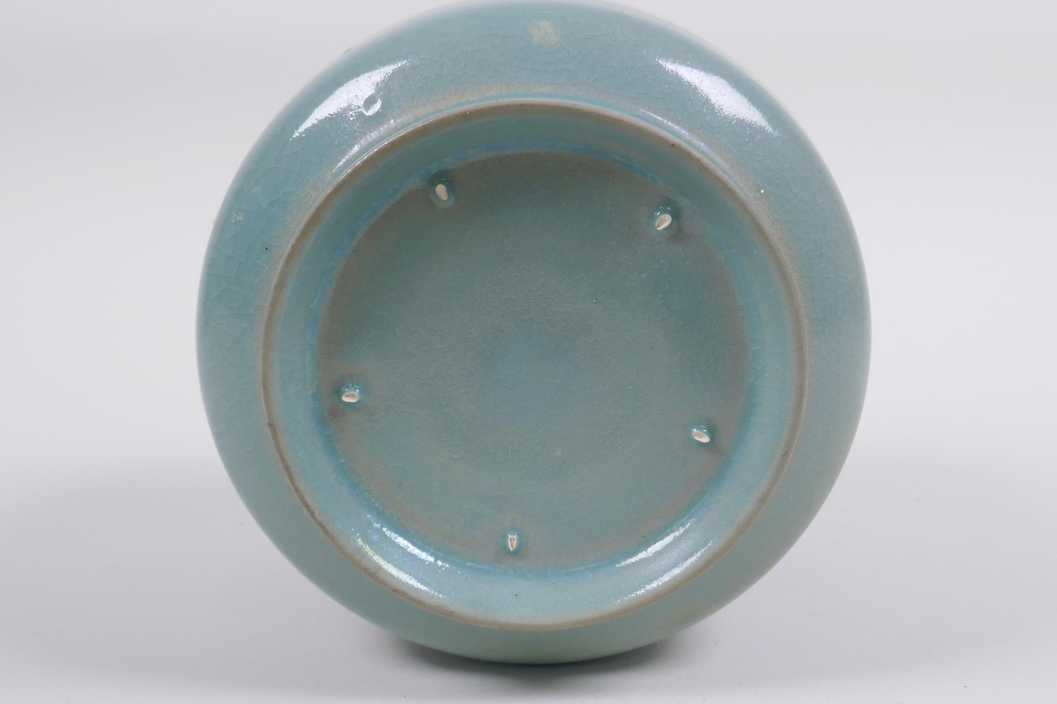 Chinese Ru ware style celadon glazed jar with twin mask decoration, 12cm high x 12cm diameter - Image 5 of 5