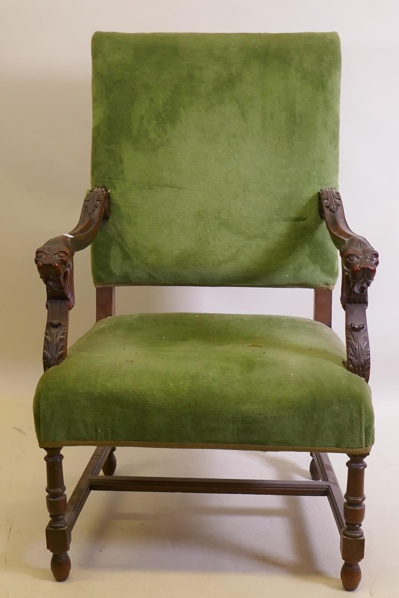 A C19th high back open arm chair with carved lion mask arms, raised on turned supports, AF - Image 3 of 3