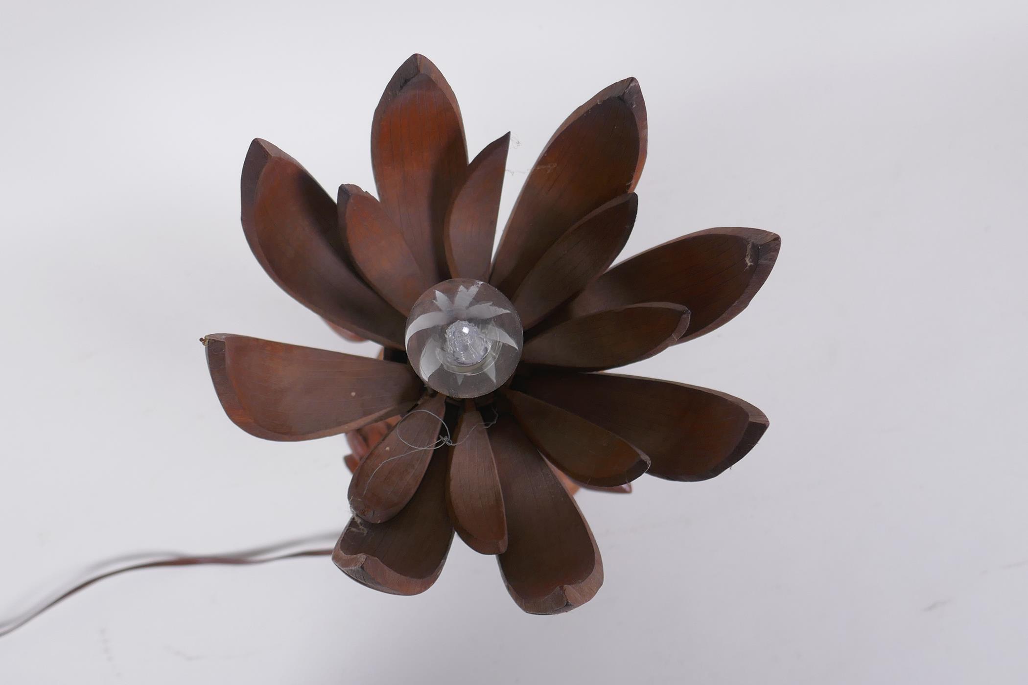 A carved wood lotus flower table lamp, the petals opening to reveal the bulb, 35cm high - Image 3 of 5