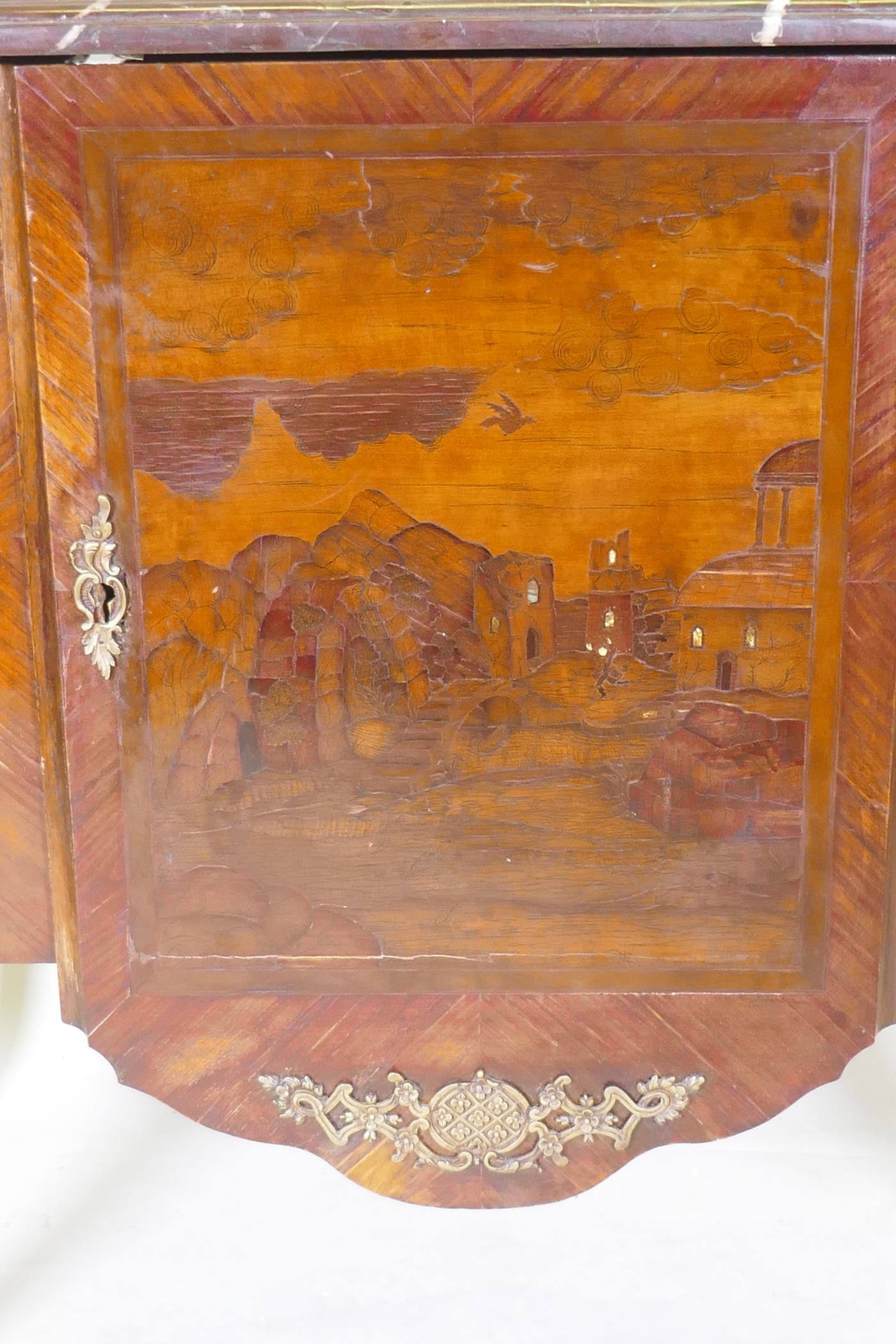 A late C18th/early C19th French breakfront tulipwood side cabinet with brass mounts, marquetry - Image 2 of 4