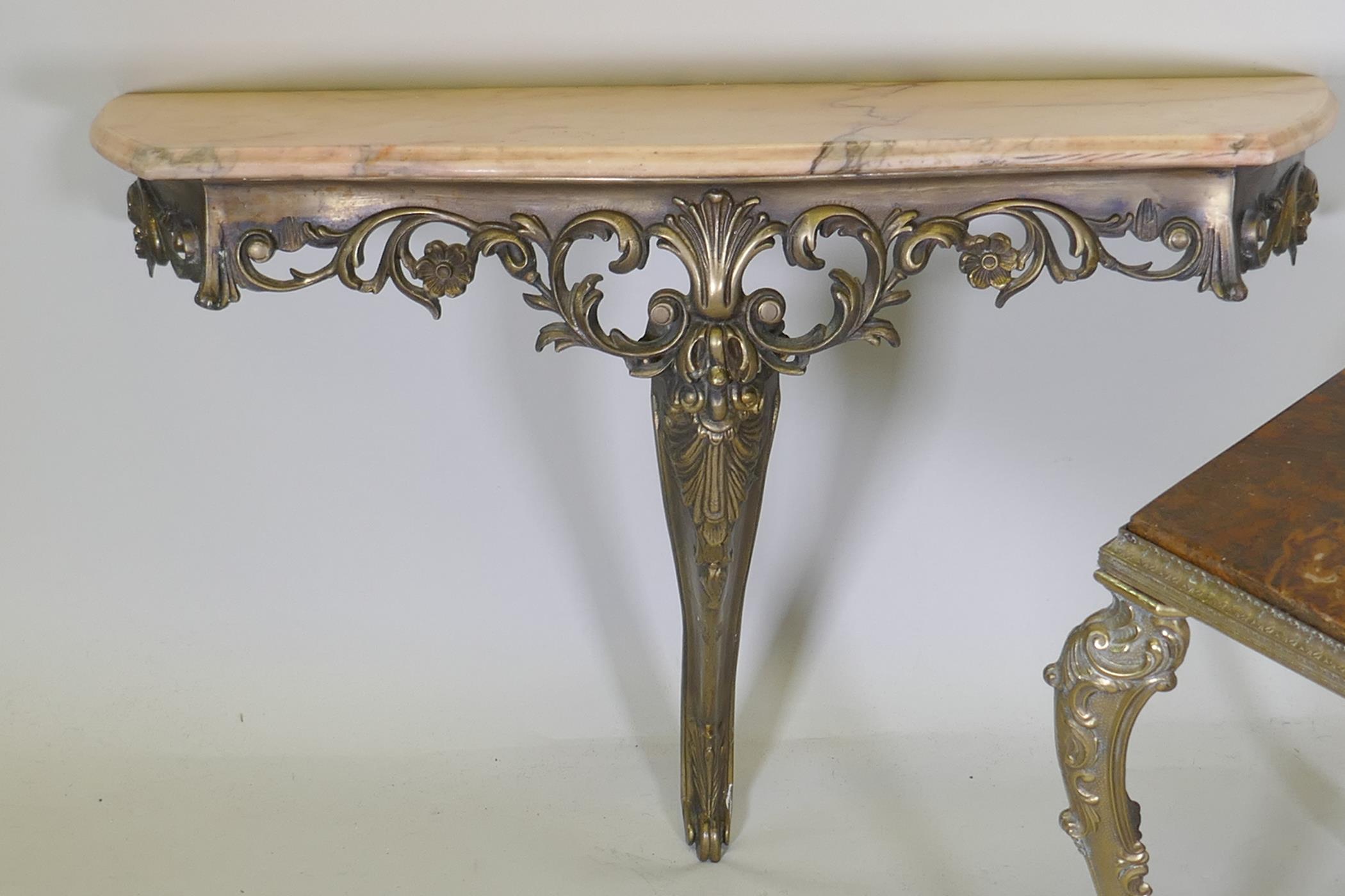 A mid century brass console table with marble top, 74 x 26 x 54cm, and an onyx top occasional - Image 2 of 4