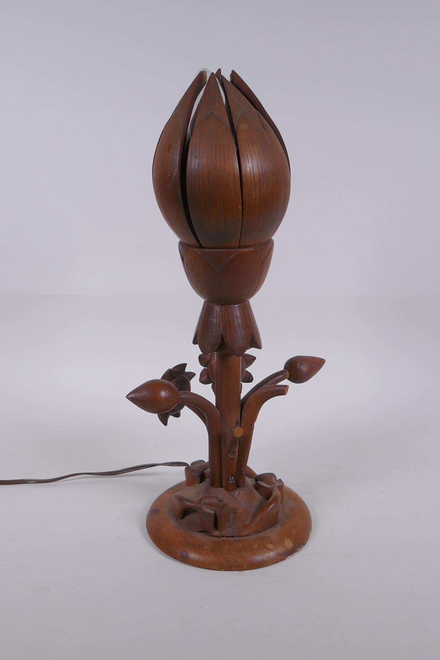 A carved wood lotus flower table lamp, the petals opening to reveal the bulb, 35cm high - Image 5 of 5