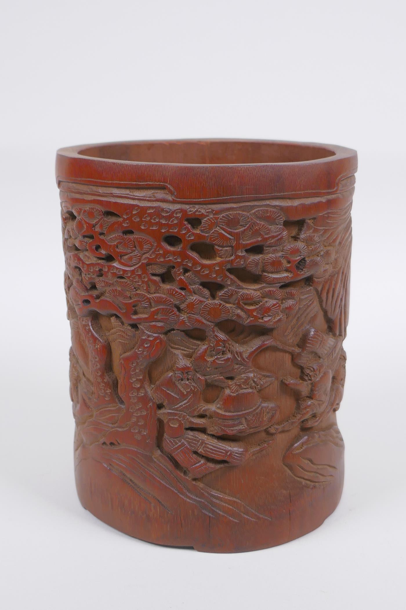 A Chinese carved bamboo brush pot decorated with figures in a landscape, 16cm high - Image 3 of 5