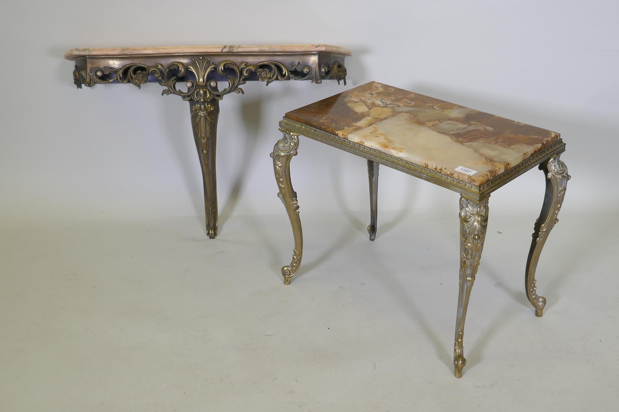 A mid century brass console table with marble top, 74 x 26 x 54cm, and an onyx top occasional