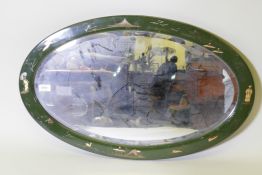 1920s green lacquer oval mirror with raised chinoiserie decoration and bevelled glass, 77 x 47cm
