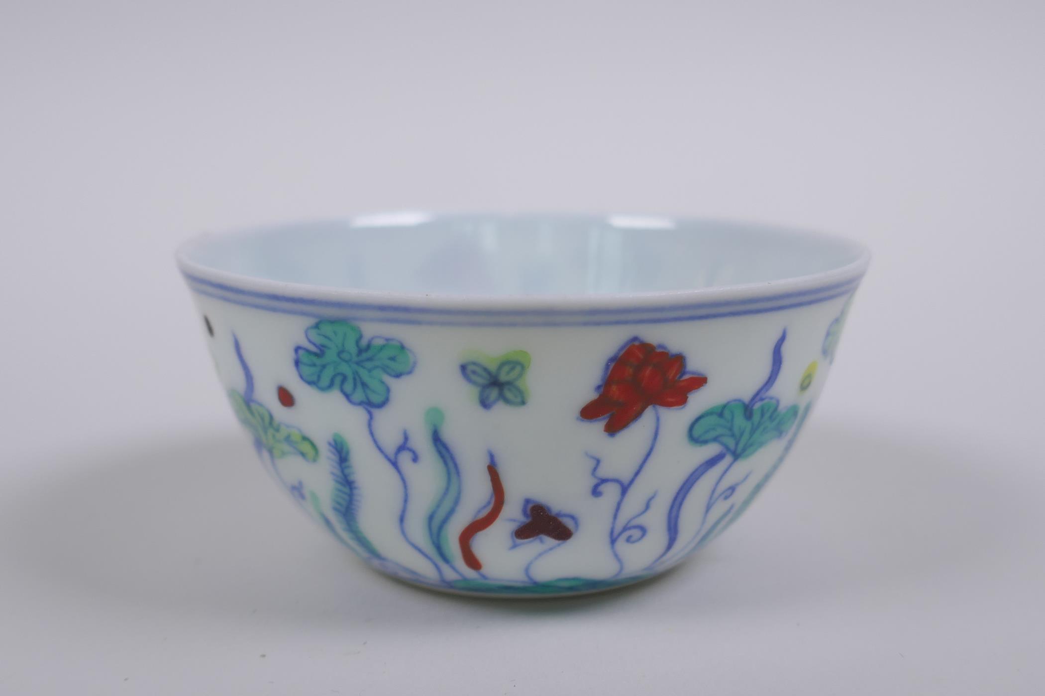 A Doucai porcelain tea bowl with lotus pond decoration, Chinese Chenghua 6 character mark to base, - Image 2 of 7