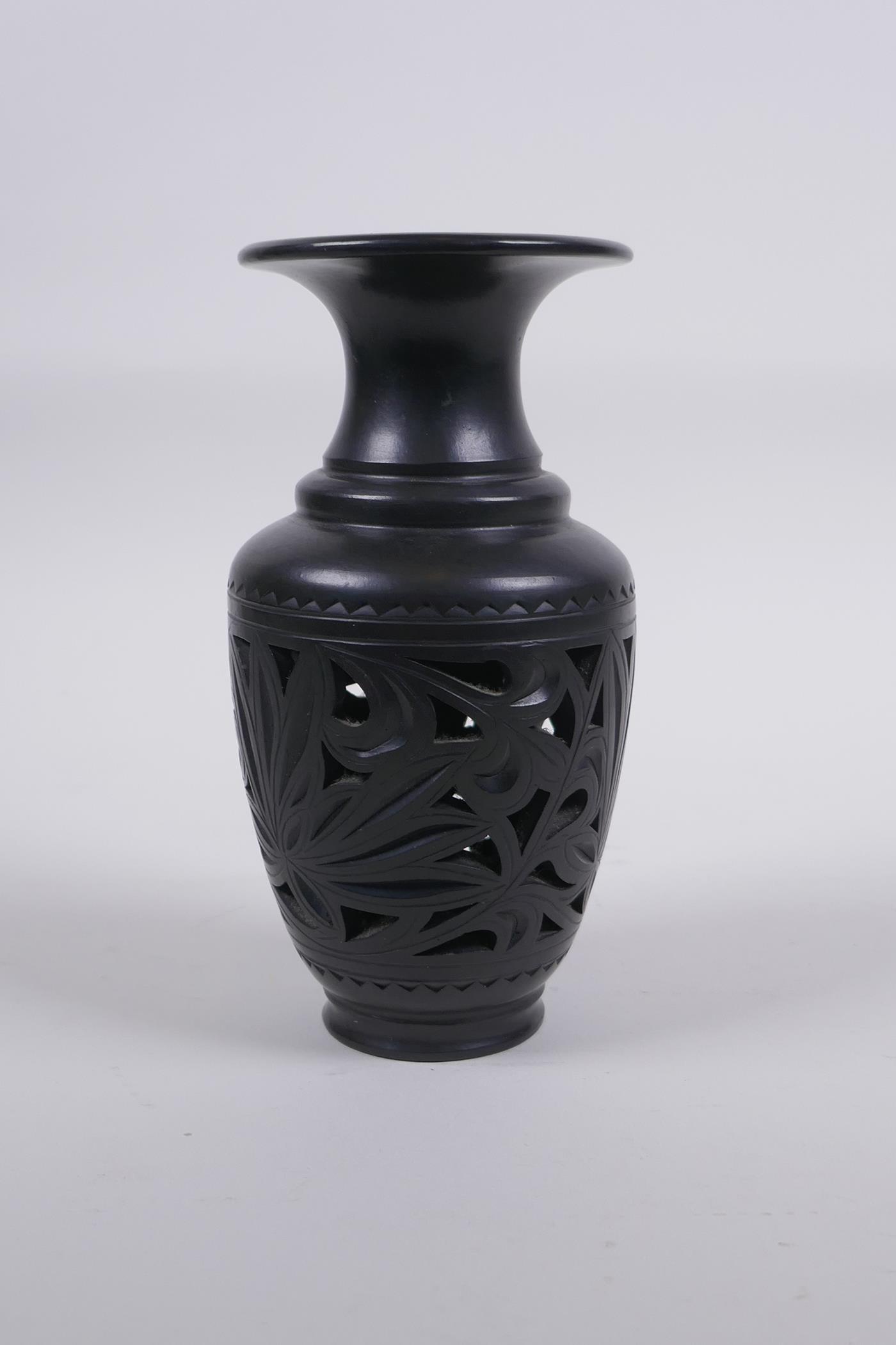 A Chinese black ground YiXing reticulated vase, impressed marks to base, 15cm high - Image 4 of 9