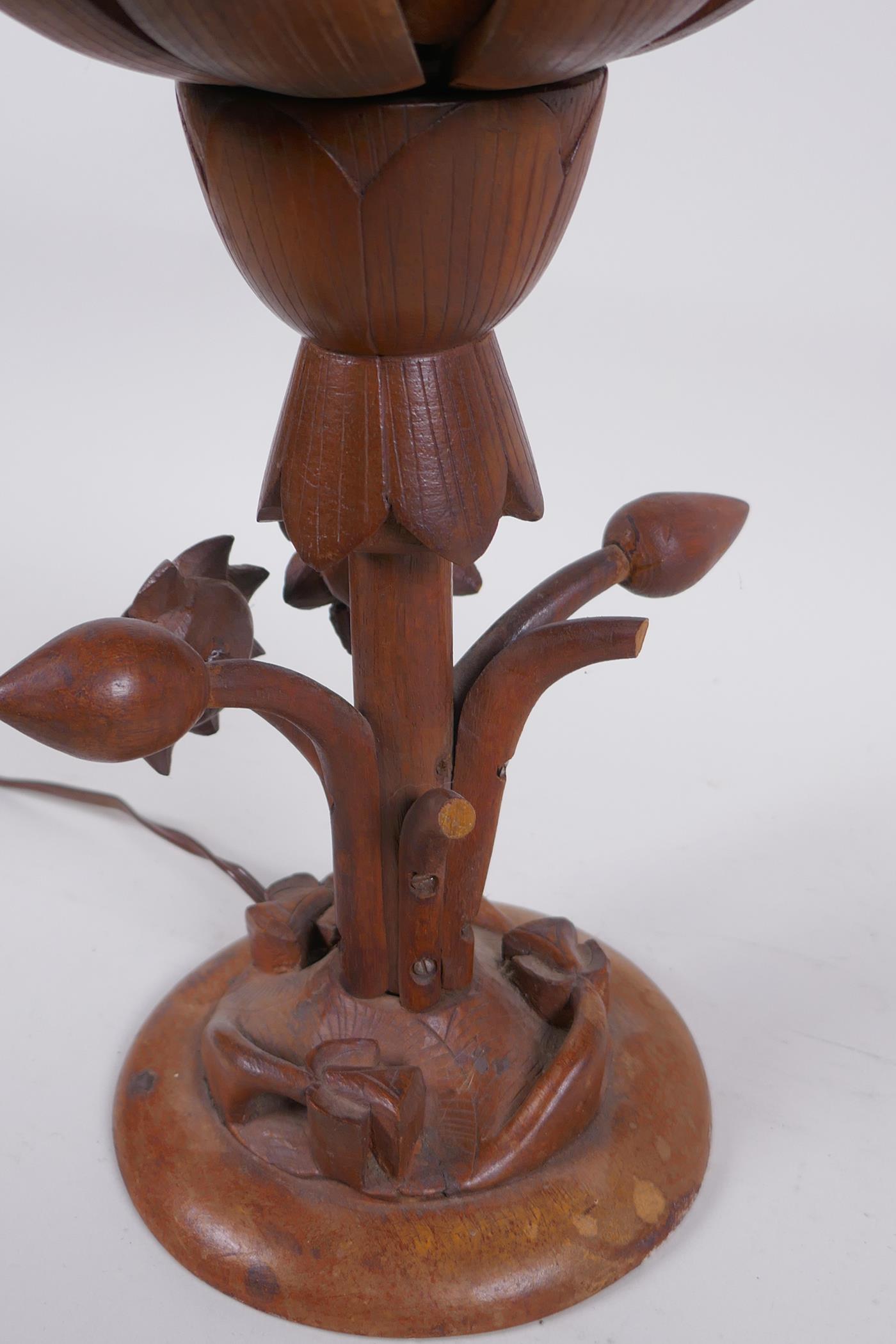 A carved wood lotus flower table lamp, the petals opening to reveal the bulb, 35cm high - Image 4 of 5