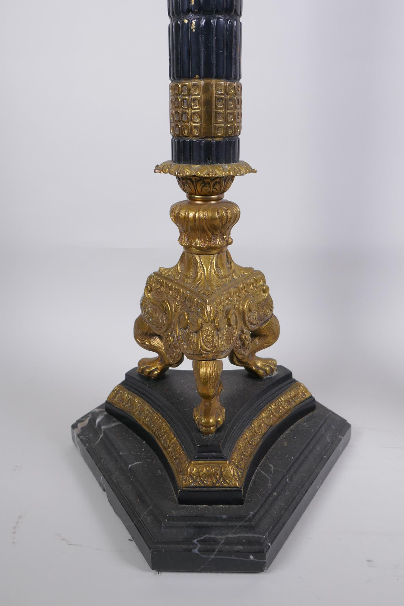 A pair of Empire style bronze and ormolu Corinthian column four branch candelabra, 80cm high - Image 6 of 7