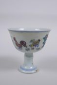 A Doucai porcelain stem cup with chicken decoration, Chinese Chenghua 6 character mark to base,