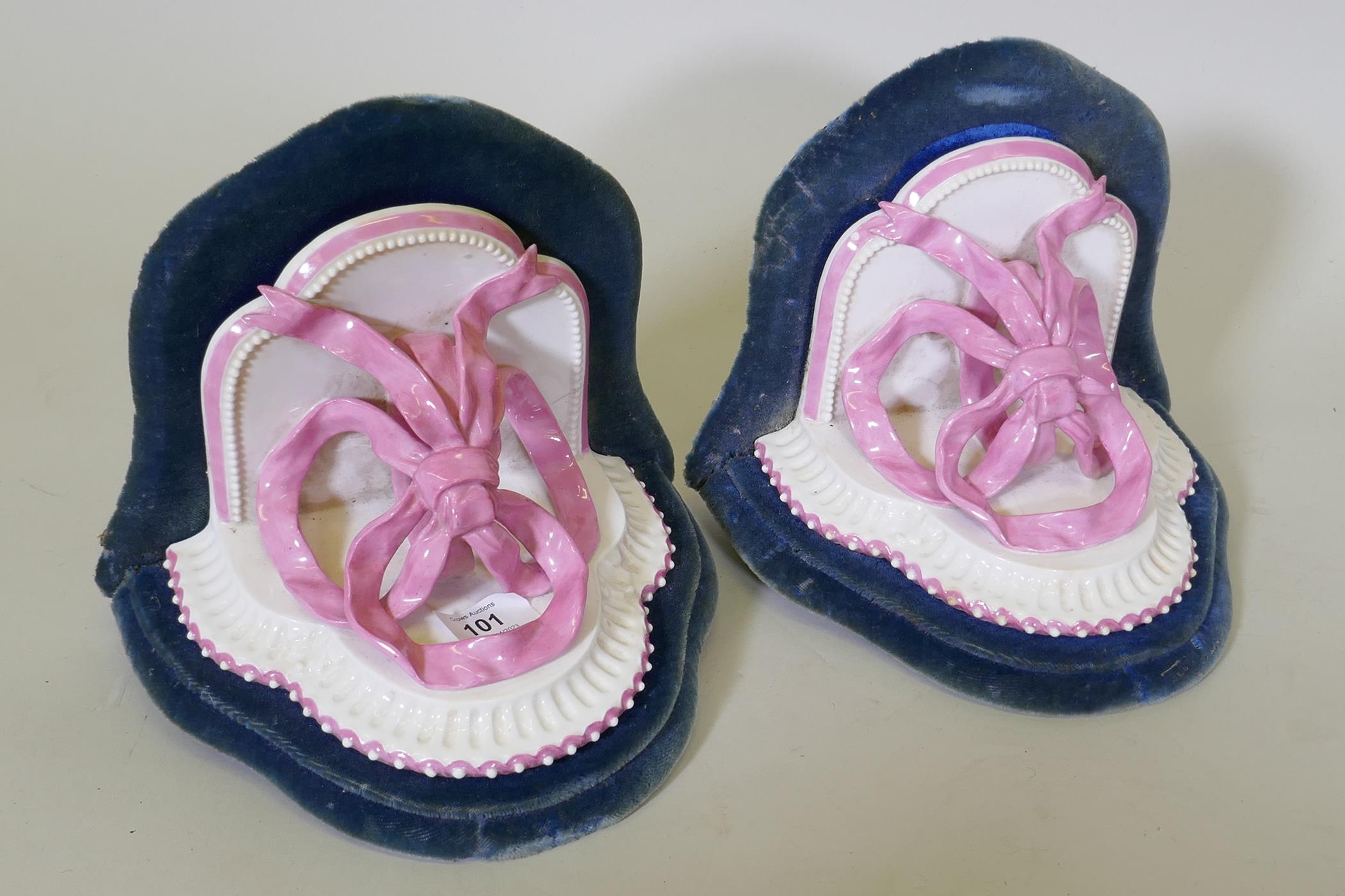 A pair of Victorian Royal Worcester porcelain wall brackets, on velvet covered wood mounts, 23cm