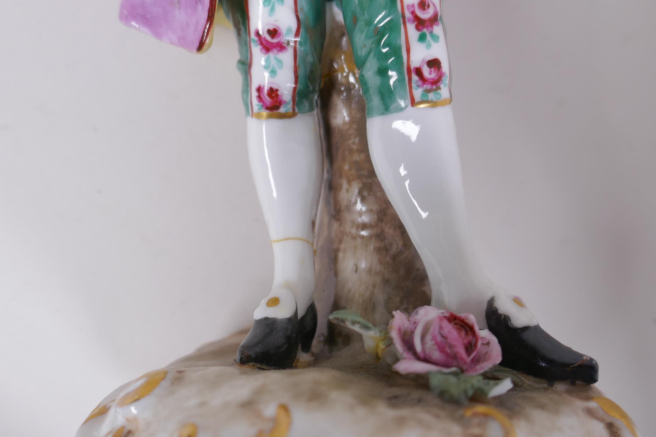 A C19th continental hard paste porcelain figure of a flower seller, 22cm high, another of a Dandy - Image 8 of 8