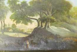 Landscape with figures under an oak tree, C18th/C19th, unsigned, oil on panel, in a gilt wood frame,